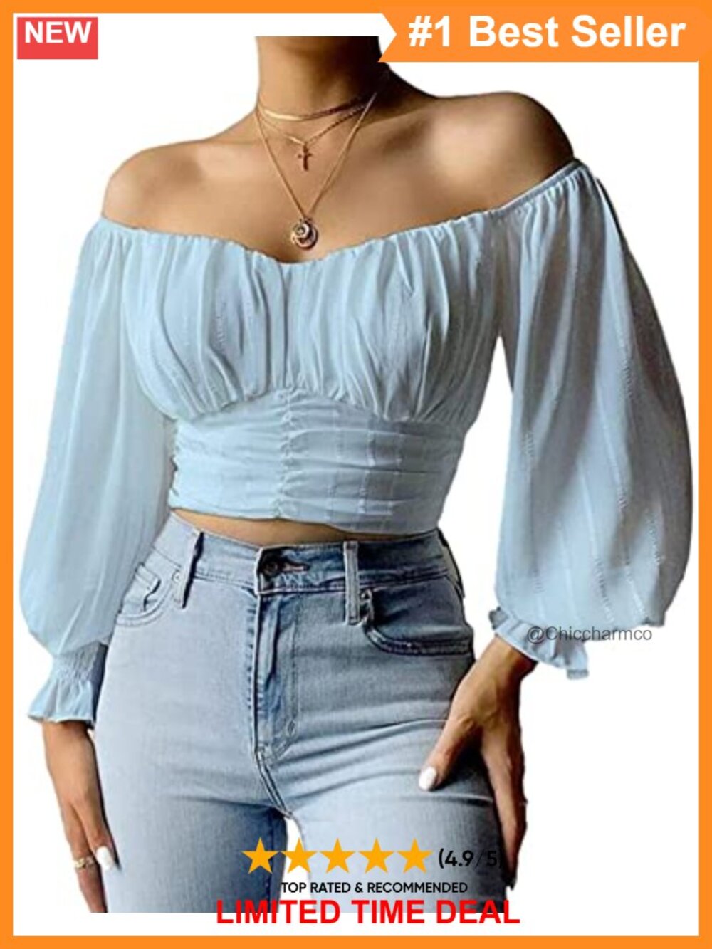 Off Shoulder Puff Sleeve Chiffon Crop Blouse
